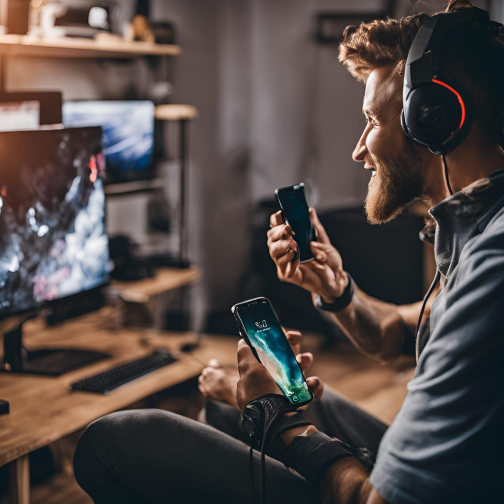 A person sitting at a desk with gaming equipment, holding a smartphone connected with a high-quality iPhone cable for gaming, wearing headphones, and a blurred computer screen in the background.