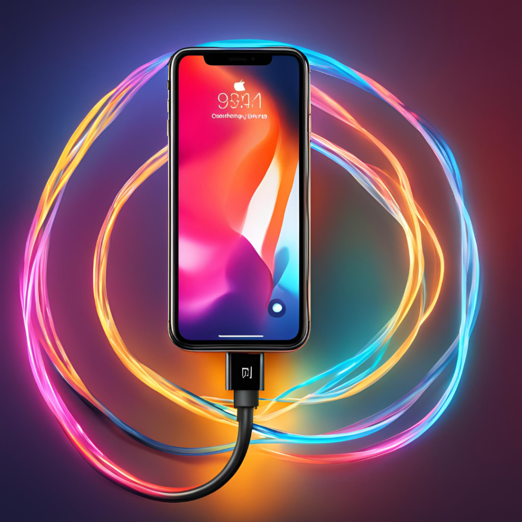 A smartphone with a colorful abstract wallpaper is centered on a gradient purple and blue background, surrounded by swirling neon light trails in pink, yellow, and blue hues. The phone displays the time as 9:34 with the text “Colorwhirl Universe” underneath it and is connected to a black charging cable at the bottom.