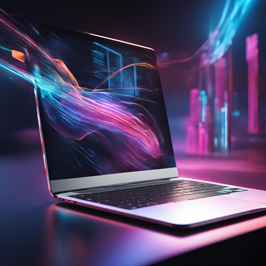 A sleek laptop with a vibrant abstract light design emanating from the screen on a dark background with neon lights.