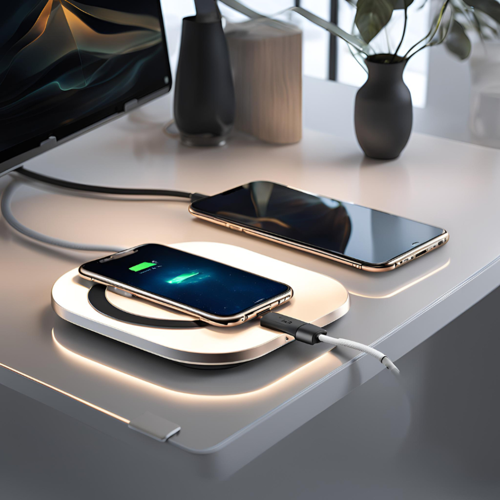 Two smartphones placed on a wireless charging pad with one phone stacked on top of the other, indicating charging status on the screen, with a cable plugged into the base, all situated on a modern white desk with decorative items in the background.