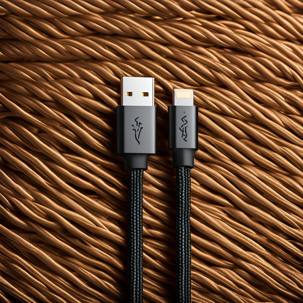 USB to Lightning charging cable on a textured brown background.