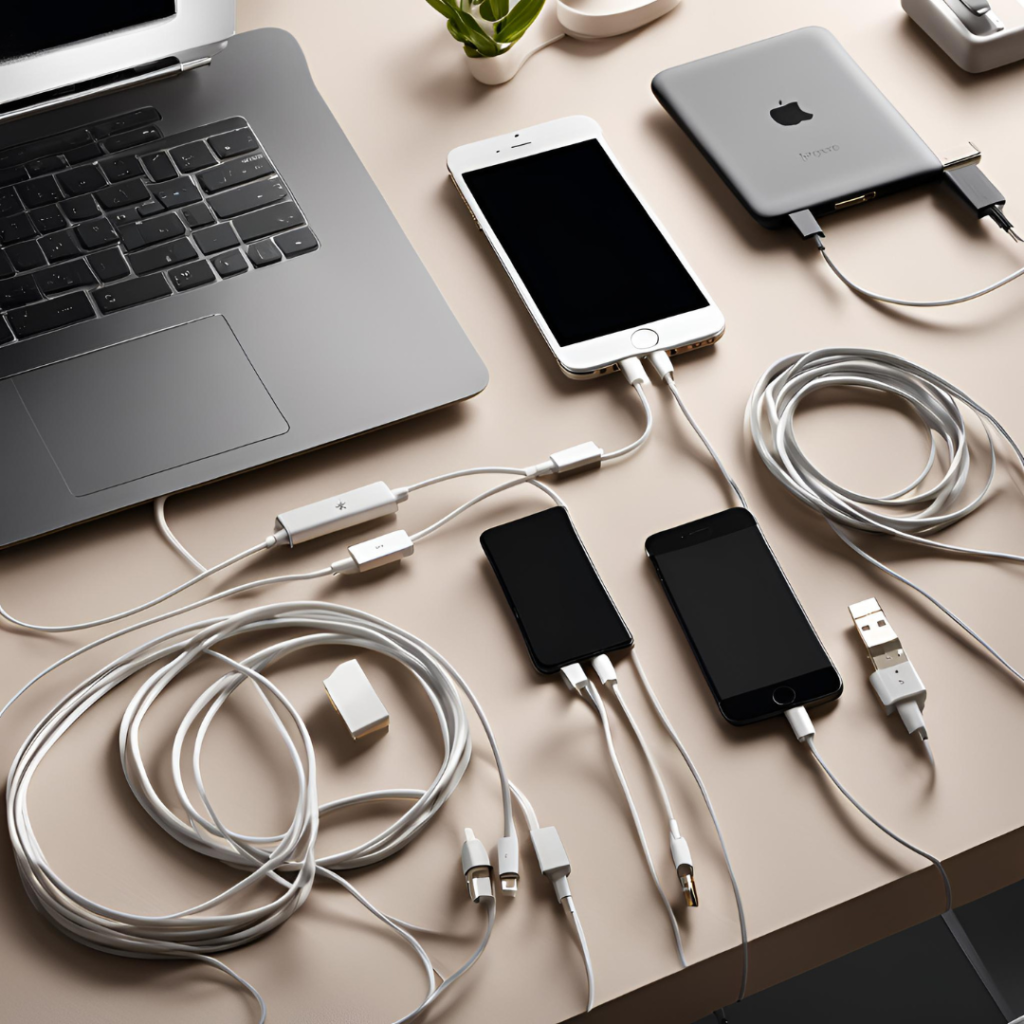 An assortment of Apple devices and accessories neatly arranged on a desk, including a MacBook, iPhone, iPad, various charging cables, and adapters.