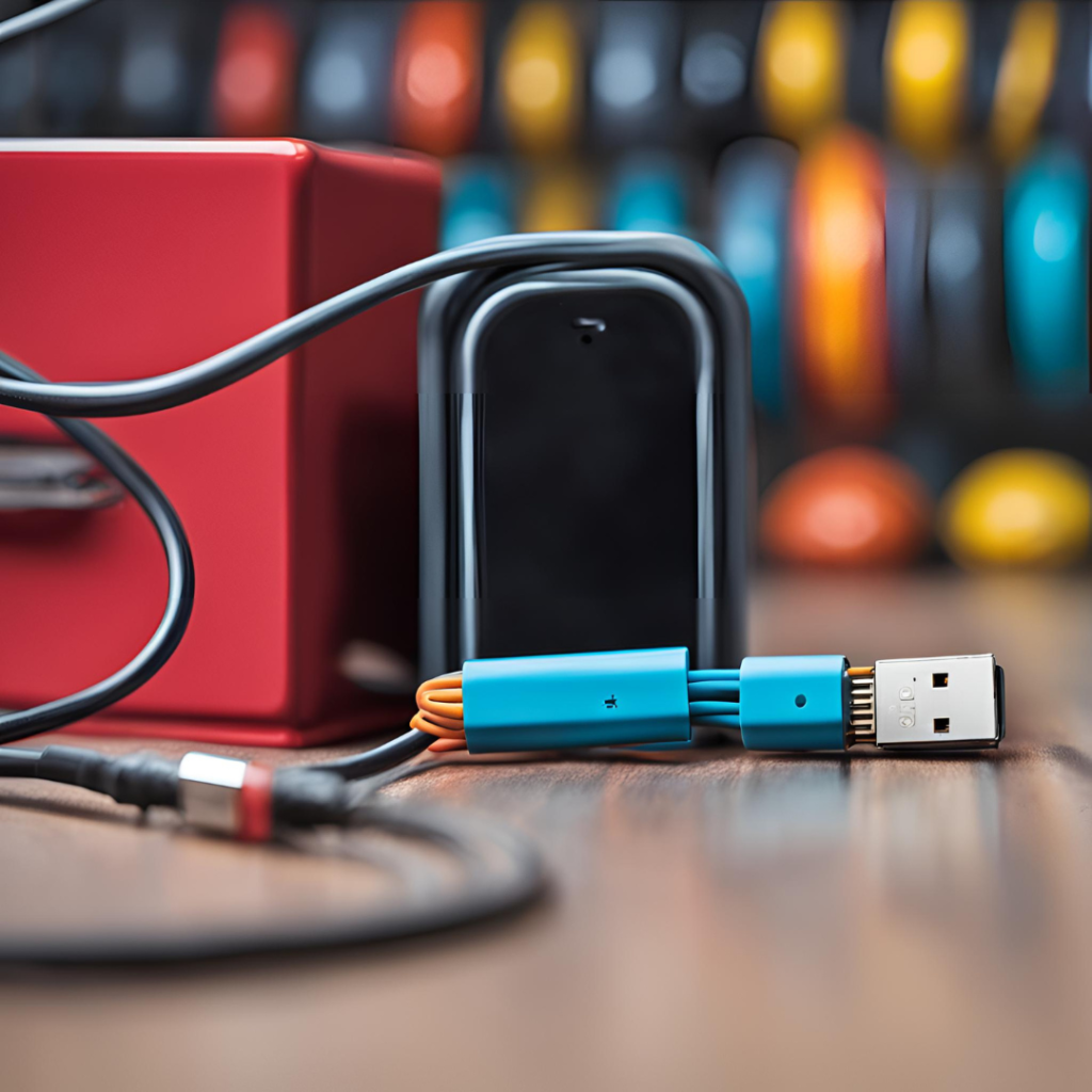 A smartphone with a charging cable plugged in, resting against a red cube speaker on a wooden surface, with colorful blurred bottles in the background.