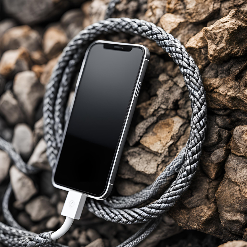 A smartphone with a black screen entwined in a thick gray rope, placed on a rocky surface, connected to a white charging cable.