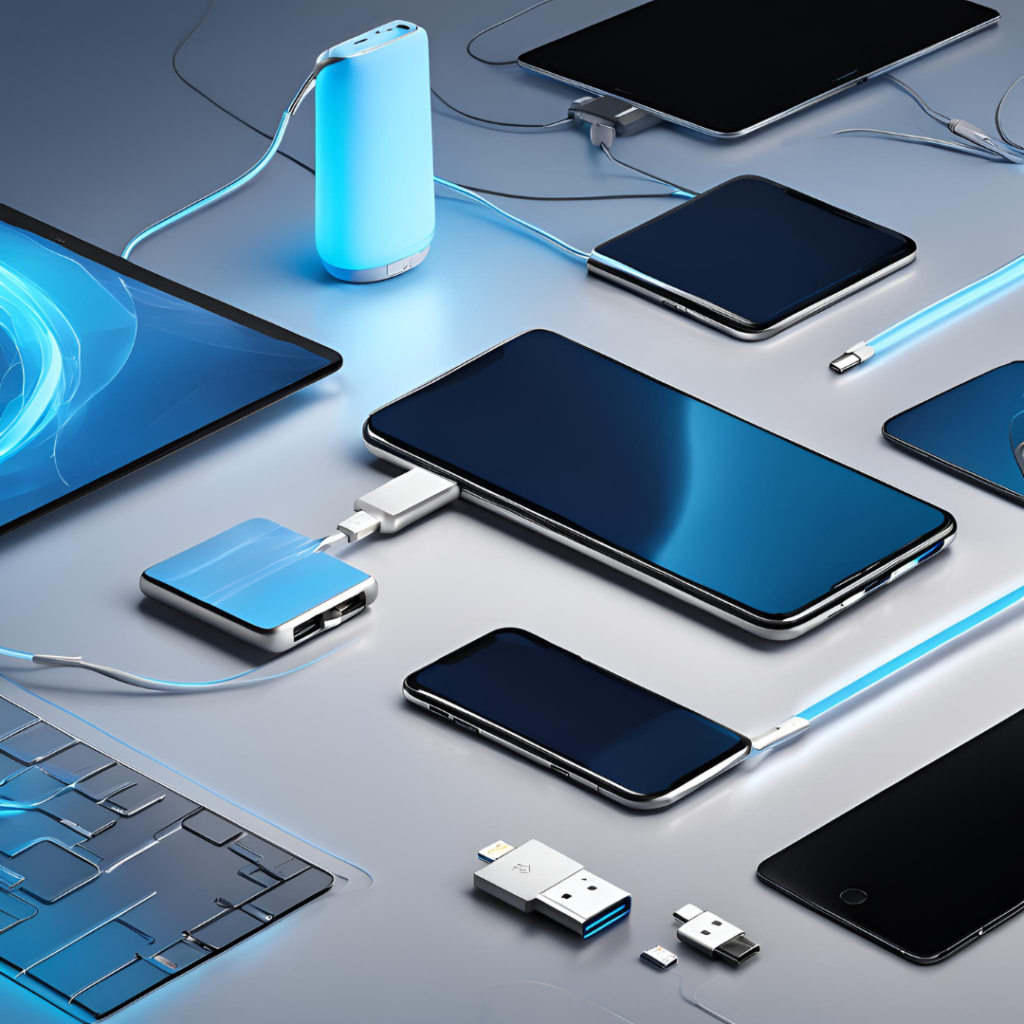 A variety of electronic devices and accessories on a reflective surface, connected by glowing blue USB cables. Visible items include smartphones, a tablet, external hard drives, a portable battery, and USB sticks. The scene suggests modern connectivity and data transfer.