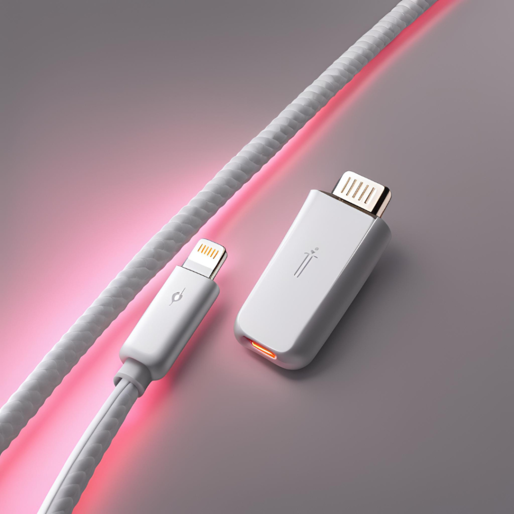 Two cables with connectors on a gradient background, one with a USB Type-C connector and the other with an Apple Lightning connector, both featuring glowing LED lights along their lengths.