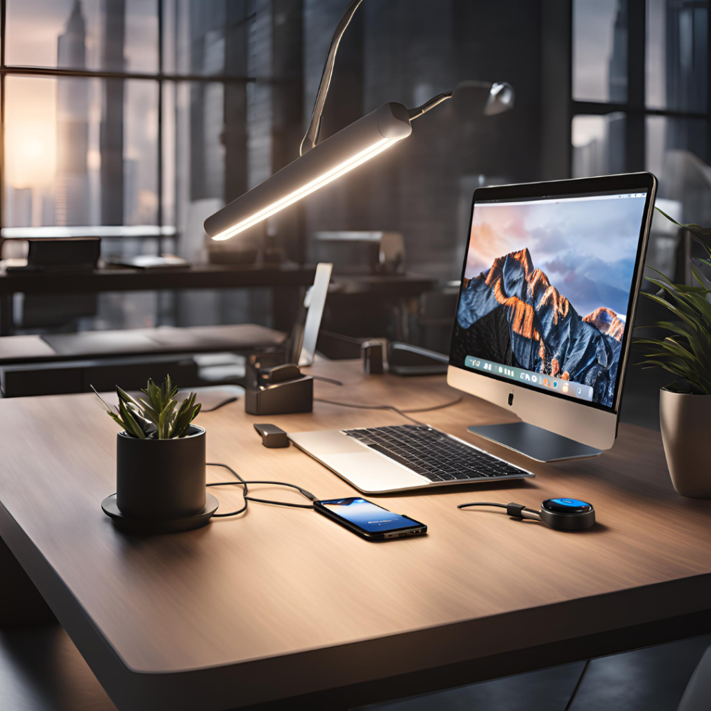 A modern workspace with a desktop computer displaying a mountain wallpaper, smartphone, desk lamp, plant, and various office supplies on a wooden desk with cityscape in the background during twilight.