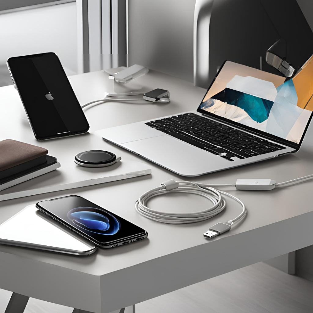 A modern workspace with a sleek, new iPhone cable prominently displayed next to a smartphone and laptop, highlighting the importance of high-quality accessories in a fast-paced environment.