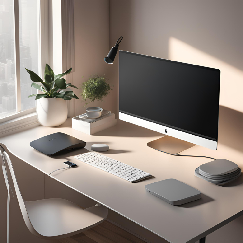 A modern workspace with a large monitor on a white desk, flanked by indoor plants, with a keyboard, mouse, tablet, and notepad under natural light from a nearby window.