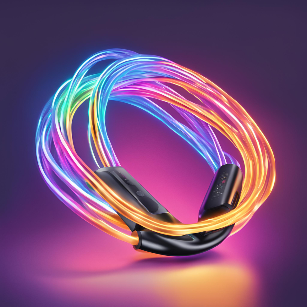 A pair of wireless headphones with a vibrant, multi-colored light trail swirling around them against a purple background.