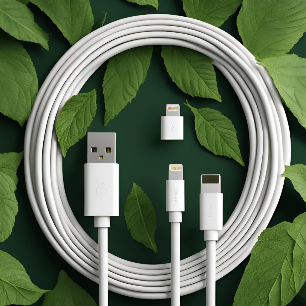 A white USB cable with Lightning connectors, arranged in a circular coil surrounded by green leaves on a dark background.