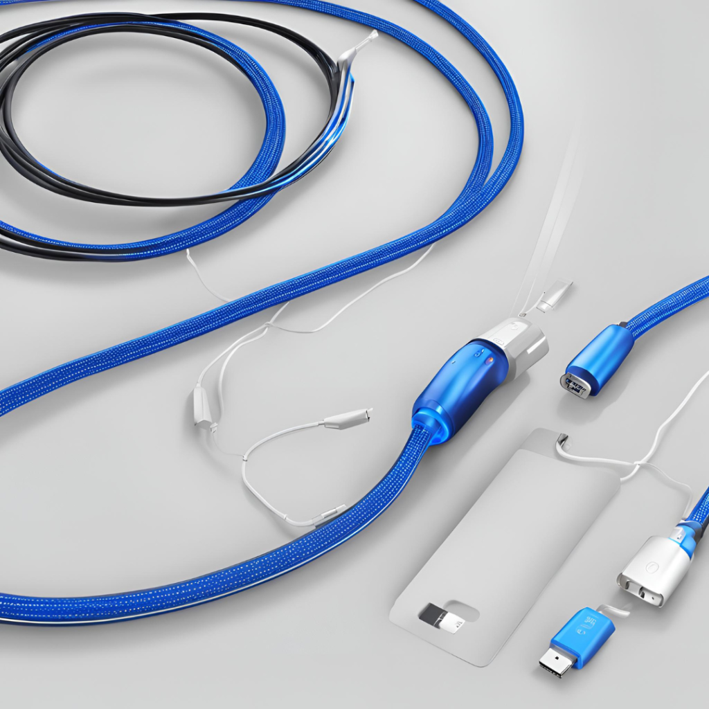 A collection of blue and white electronic cables and accessories on a light gray background, including a USB cable, earphones, a roll-up cable organizer, and adapters.