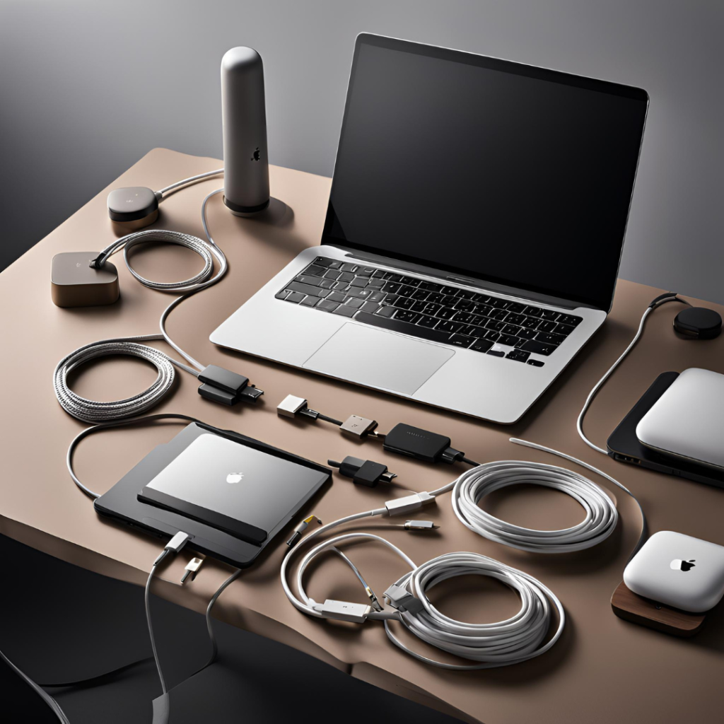 A neatly organized tech workspace with a closed laptop, external hard drive, mouse, various cables, adapters, and a portable battery on a brown desk.