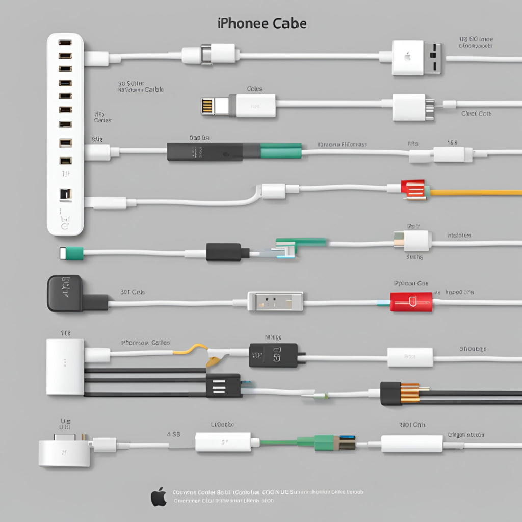 An organized assortment of Apple iPhone cables and adapters on a light gray background - iPhone Cable Buying Guide.