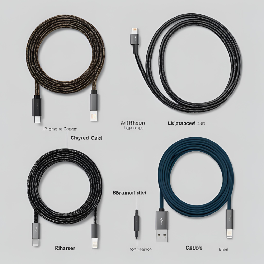 An organized display of four different types of cables against a grey background. Starting from the top left and moving clockwise, there’s a braided iPhone to USB-C cable labeled ‘iPhone re Charger,’ a black Lightning to USB cable labeled ‘Lightnanced 2 Gain,’ a blue USB-C to USB-C cable labeled ‘Cableole Binet,’ and finally, a black braided USB-C to USB-A cable labeled ‘Brairenet etlive.’ Each cable is neatly coiled in its own quadrant, creating a symmetrical arrangement.